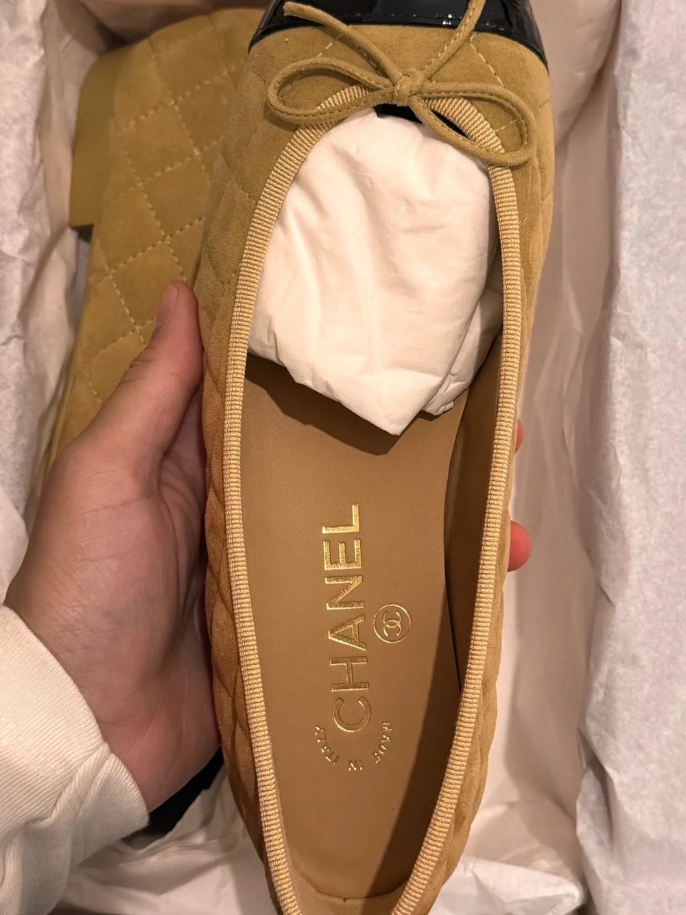 Suede Quilted Ballerina Flats with Patent Cap Toe - Tan